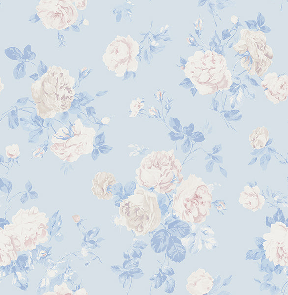Purchase AST6492 A-Street Wallpaper, Everblooming Rosettes Whisper Blue Cabbage Rose Bouquets - LoveShackFancy