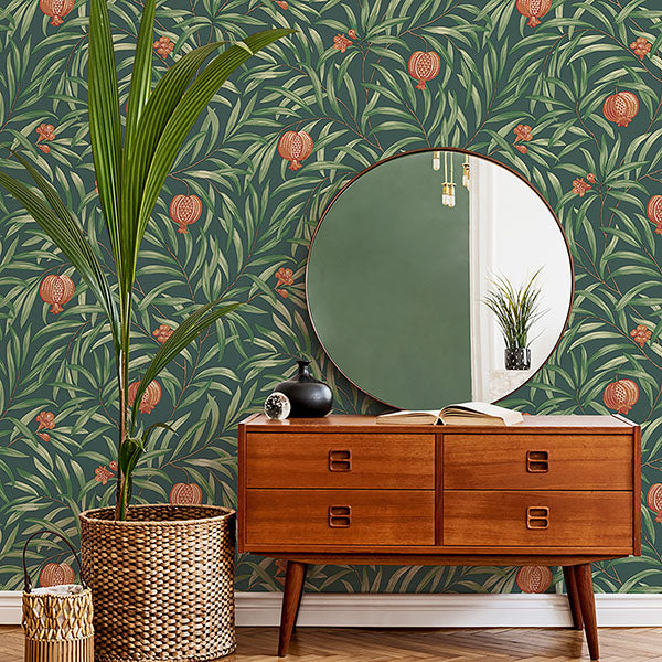 Purchase BG9613 Brewster Wallpaper, Elena Green Pomegranate - Belgravia Decor1