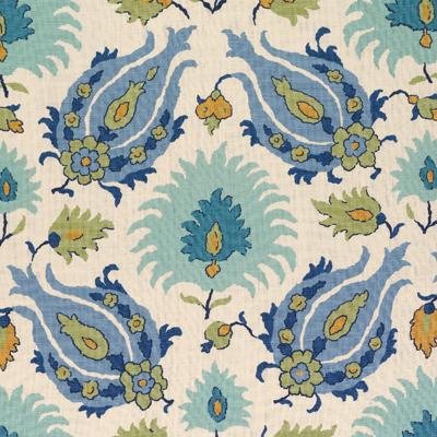 Sample BR-700020-421 Kashmiri Linen Print Peridot/Aquamarine Ethnic Brunschwig and Fils Fabric