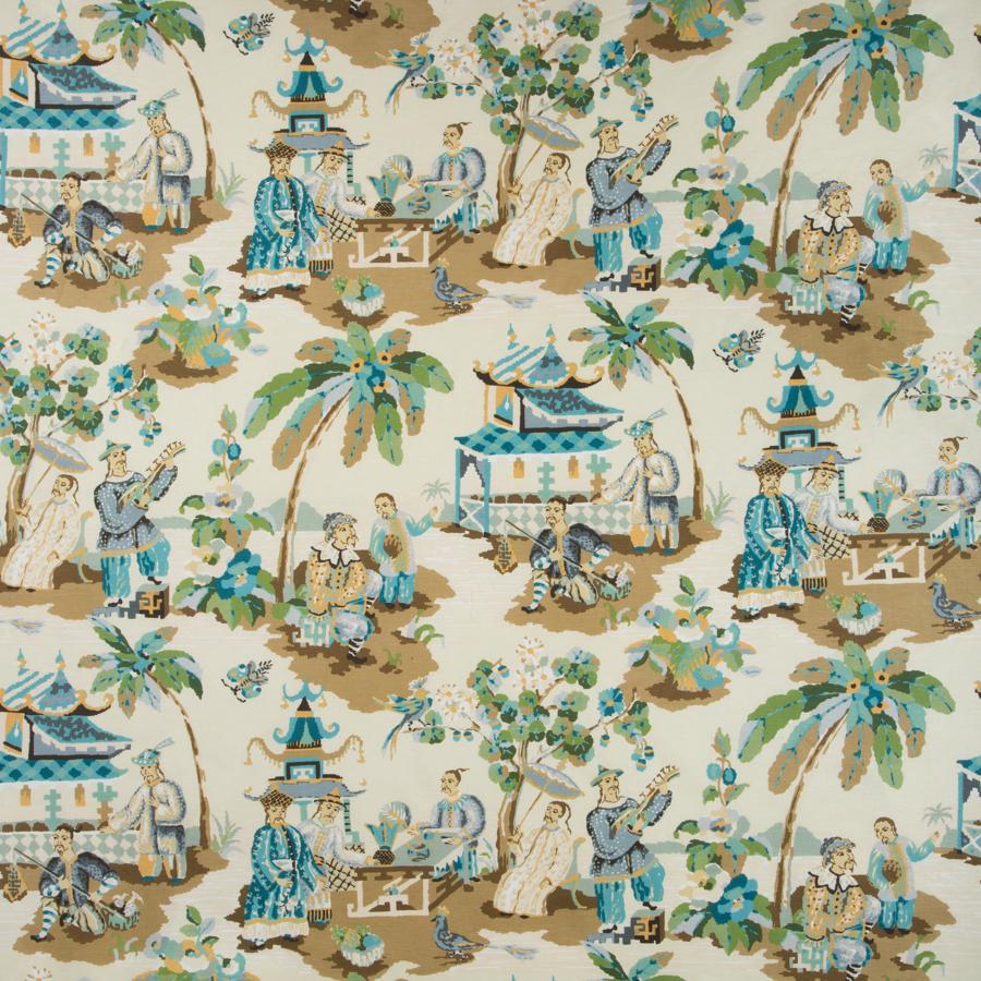Sample BR-79601-113 Xian Linen and Cotton Print Seafoam/Sand Modern Chinoiserie Brunschwig and Fils Fabric