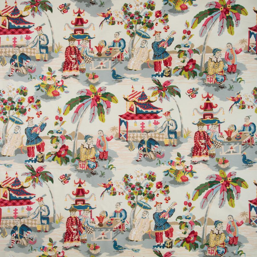 Sample BR-79601-157 Xian Linen and Cotton Print Prussian/Red Modern Chinoiserie Brunschwig and Fils Fabric