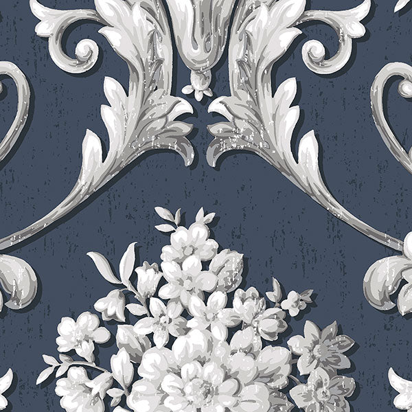 Cs35627 | Classic Silks 2, Blue Damask - Norwall Wallpaper