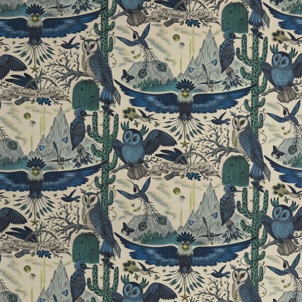 Sample F1489/01 Frontier Linen Blue Animal/Insect Clarke And Clarke Fabric