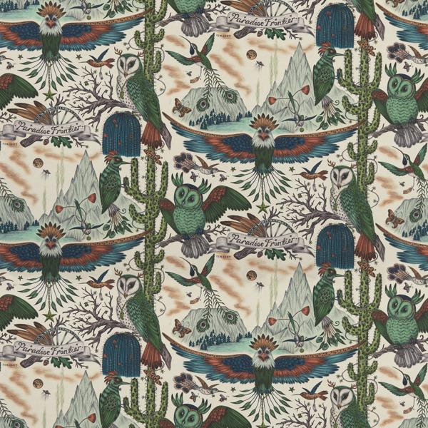Sample F1489/03 Frontier Linen Green Animal/Insect Clarke And Clarke Fabric