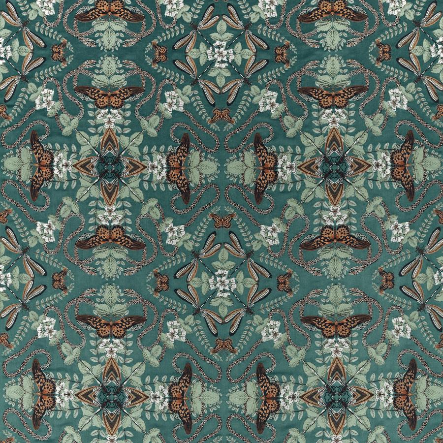 View F1581/04 Emerald Forest Teal Jacquard Animal/Insects by Clarke And Clarke Fabric
