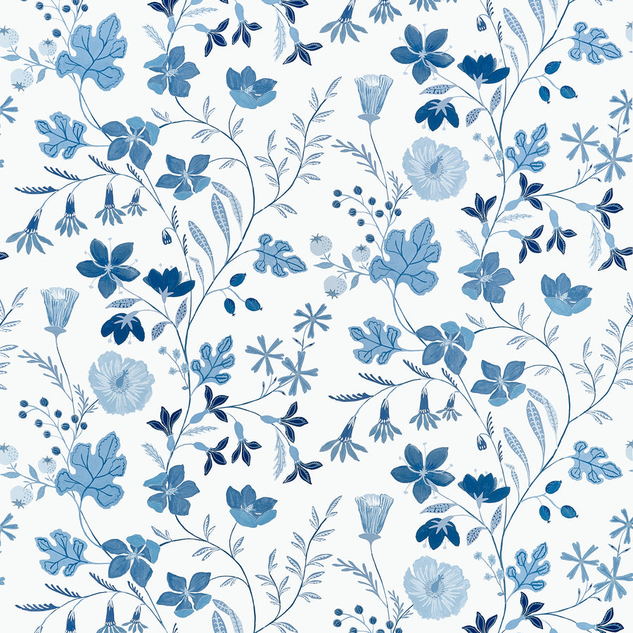 View Thibaut Fabric SKU F914626 pattern name Bloom color name Blue and White.