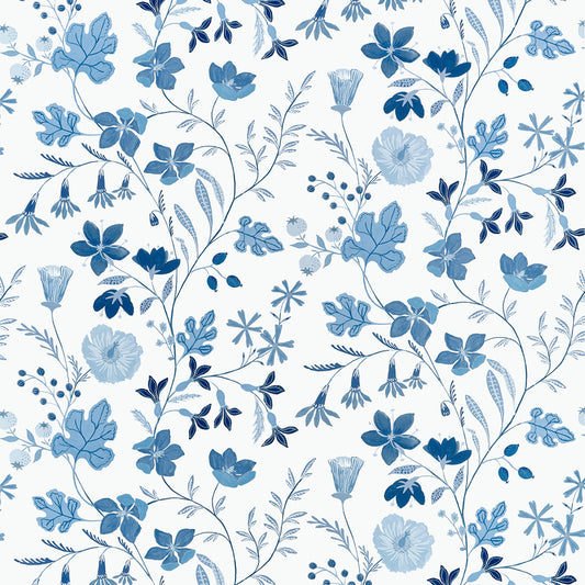View Thibaut Fabric SKU F914626 pattern name Bloom color name Blue and White.