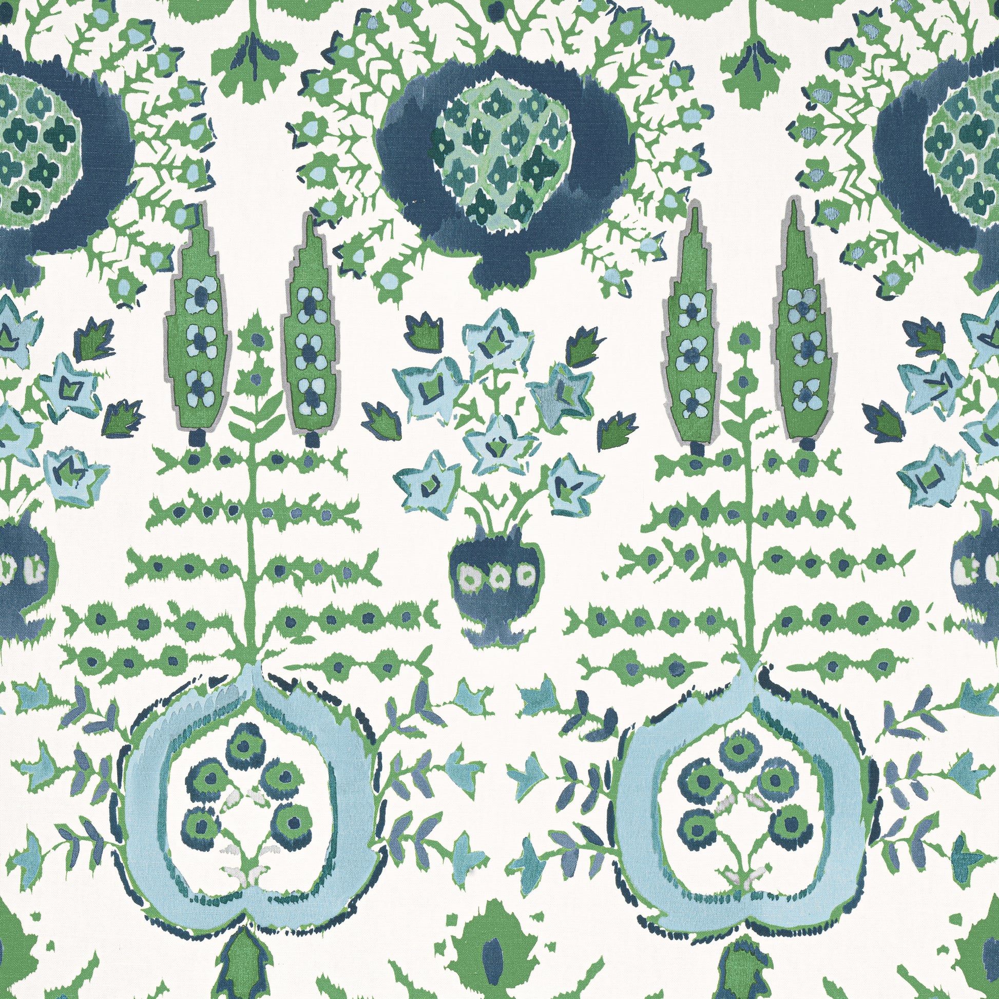 Purchase Thibaut Fabric SKU# F916240 pattern name Mendoza Suzani color Blue and Green on White