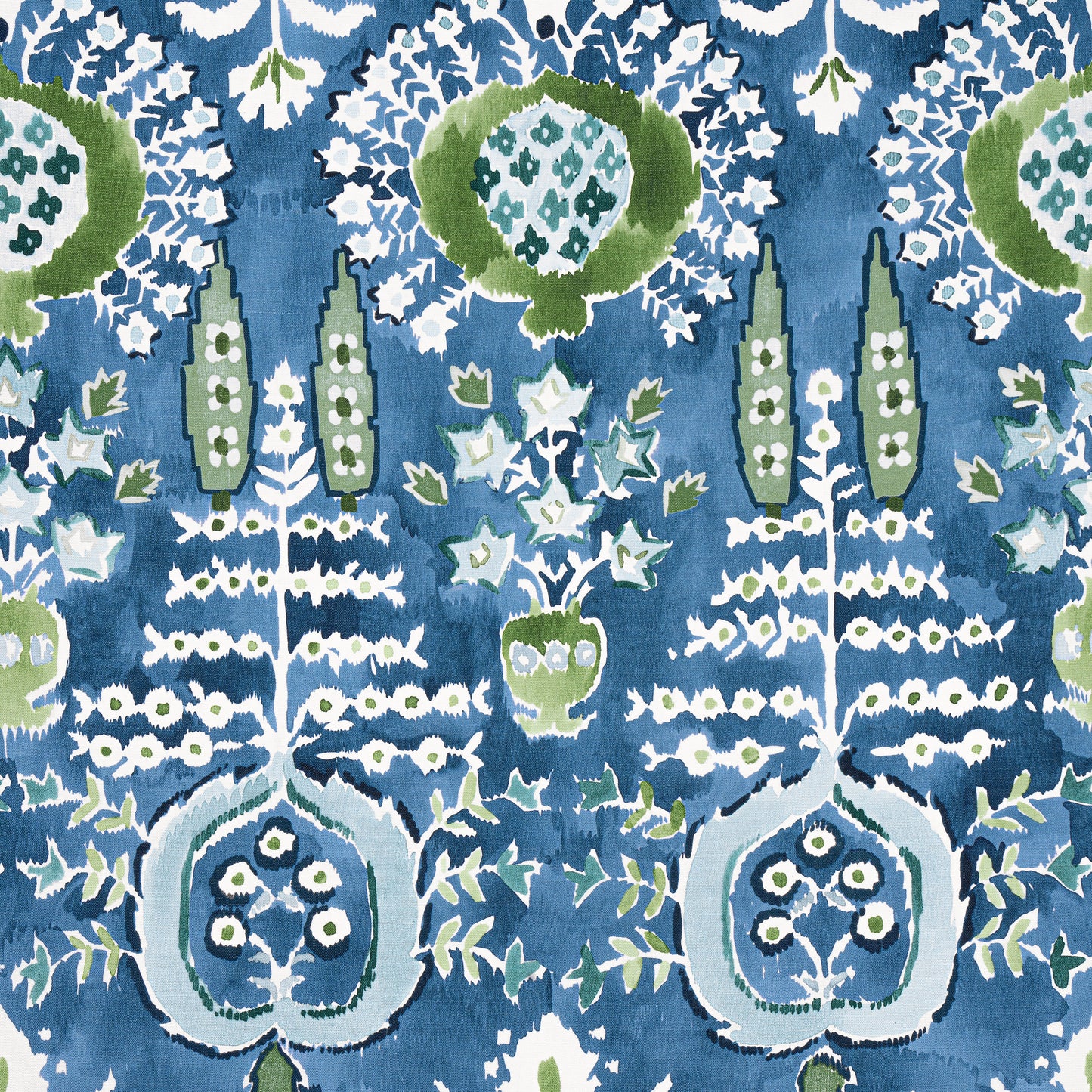 Purchase Thibaut Fabric Product F916241 pattern name Mendoza Suzani color Blue and Green on Navy