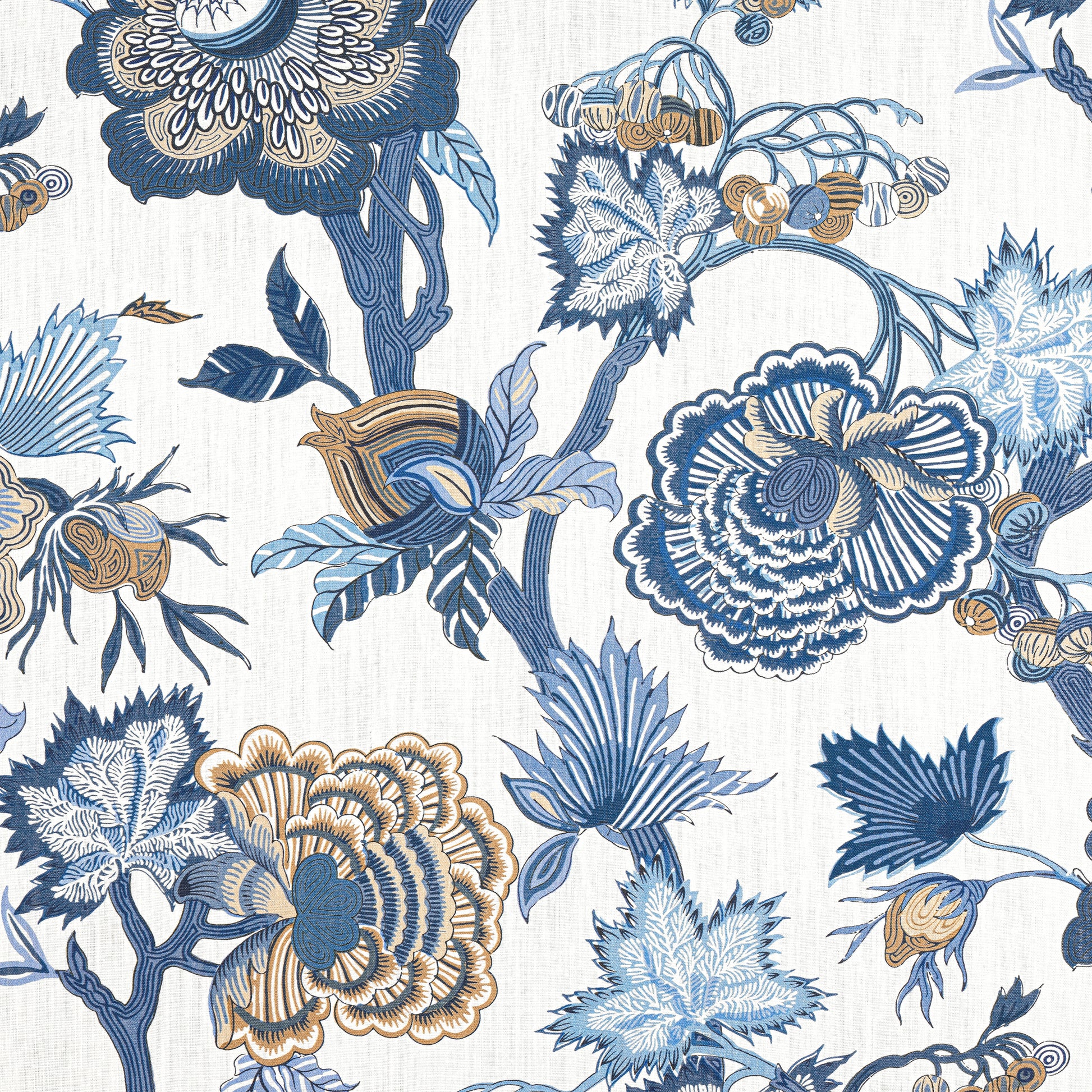 Purchase Thibaut Fabric Product F936418 pattern name Indienne Jacobean color Blue and White