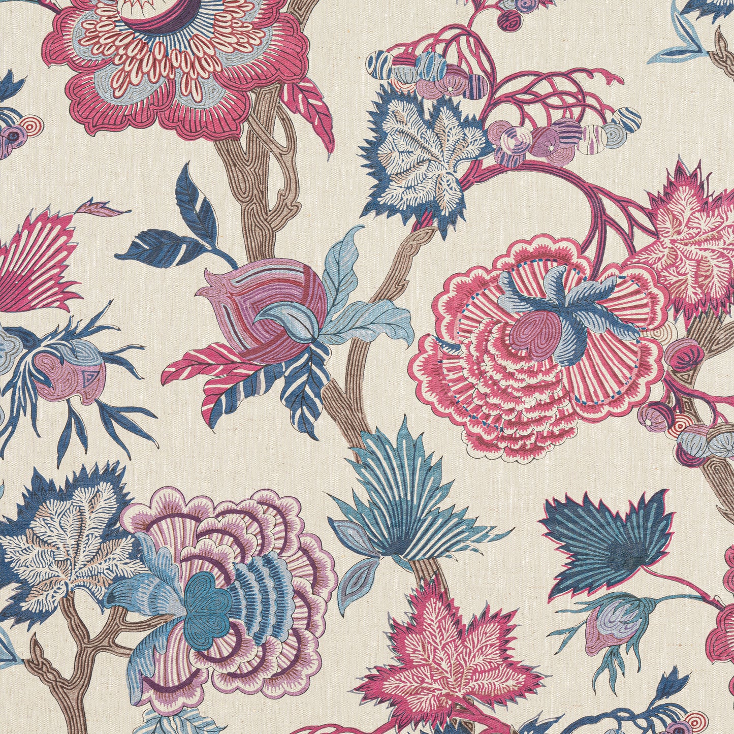Purchase Thibaut Fabric Product# F936419 pattern name Indienne Jacobean color Raspberry and Blue on Natural