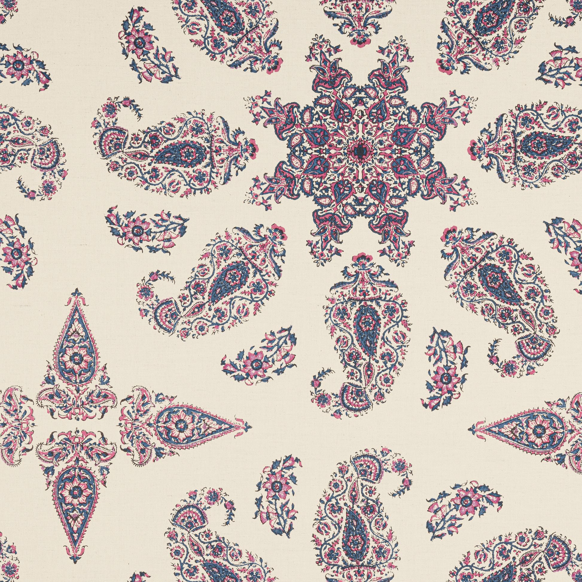 Purchase Thibaut Fabric Product F936430 pattern name East India color Raspberry and Blue on Natural