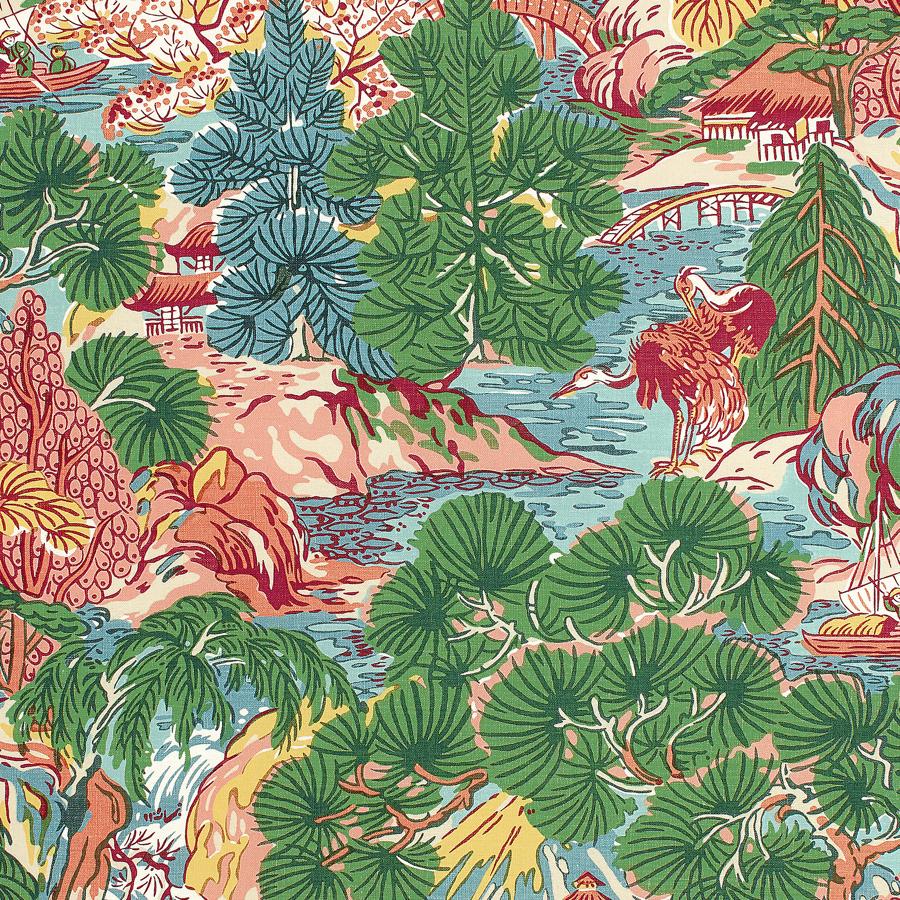 Purchase Thibaut Fabric SKU# F942026 pattern name Pagoda Trees color Pink and Green