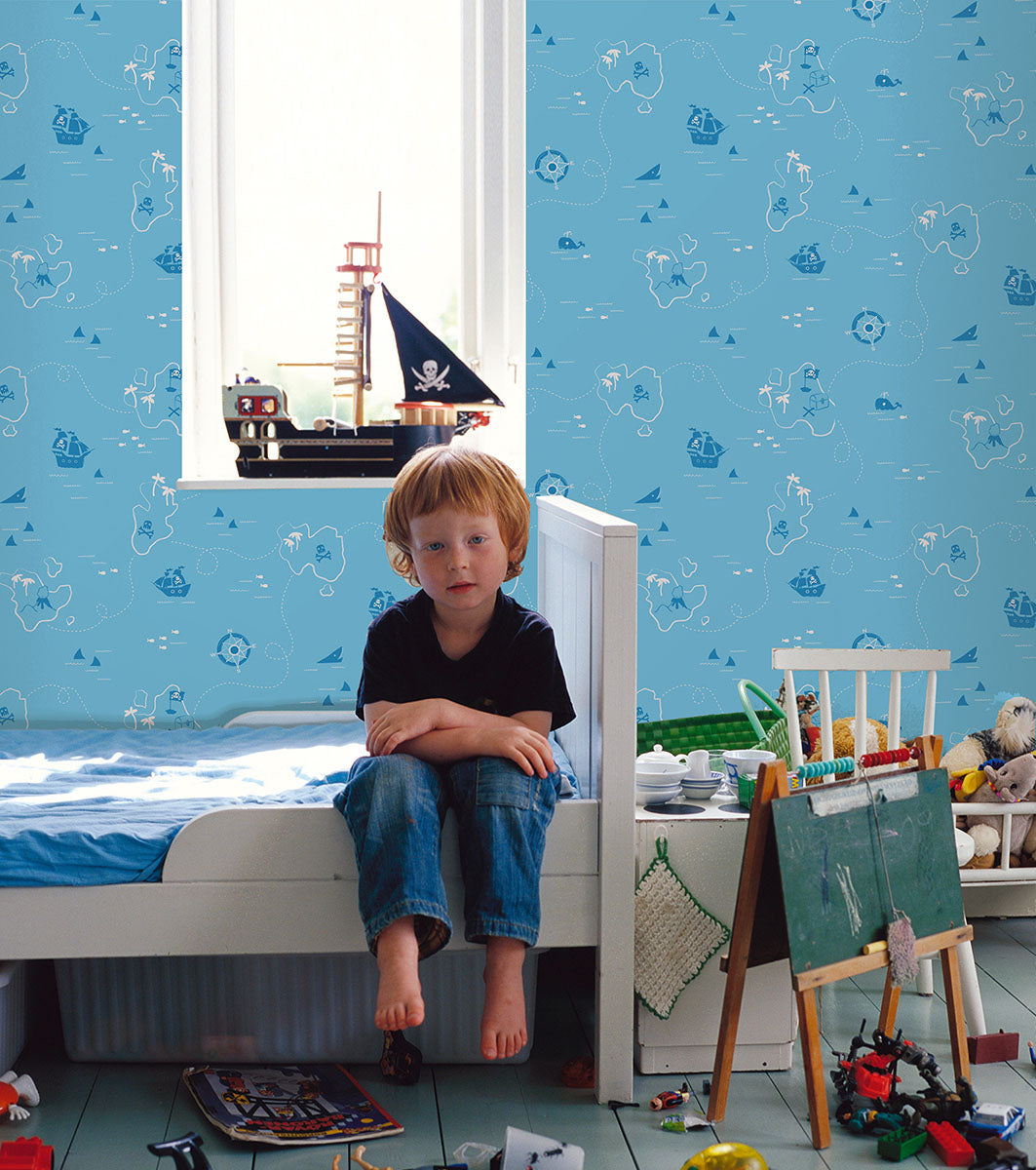 Purchase FD40278 Brewster Wallpaper, Charlie Blue Treasure Map - Medley1