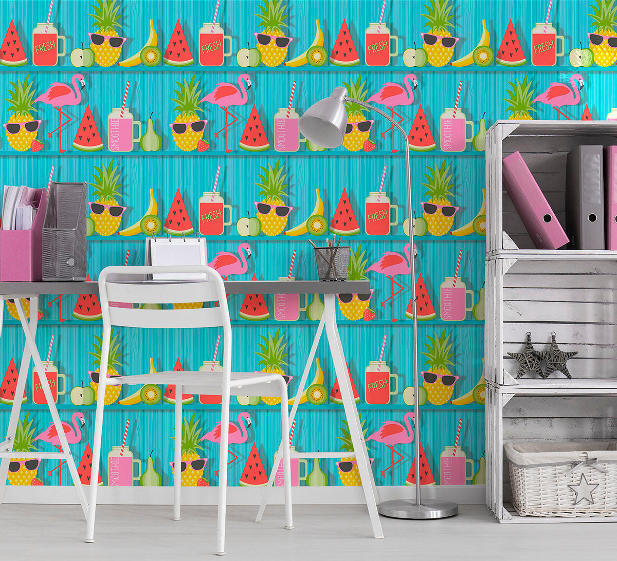 Purchase FD42210 Brewster Wallpaper, Kids Teal Tropical Shelves - Medley1