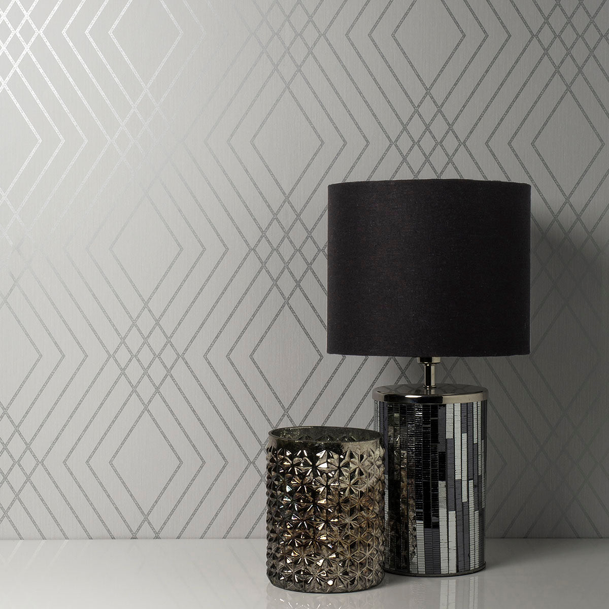Purchase FD42603 Brewster Wallpaper, Shard Silver Trellis - Medley1