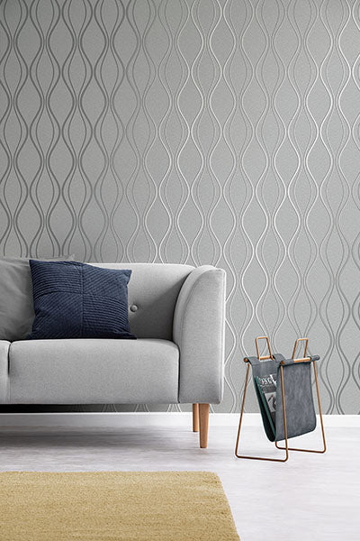 Purchase FD42800 Brewster Wallpaper, Odie Silver Contour Wave - Medley12