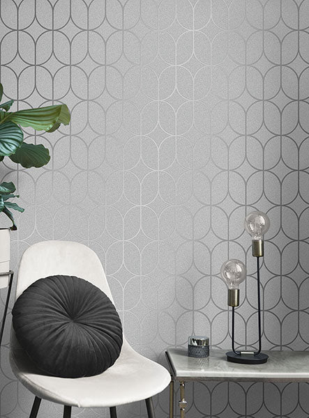 Purchase FD42803 Brewster Wallpaper, Raye Silver Rosco Trellis - Medley1