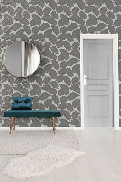 Purchase FD42819 Brewster Wallpaper, Larson Grey Leaf - Medley12