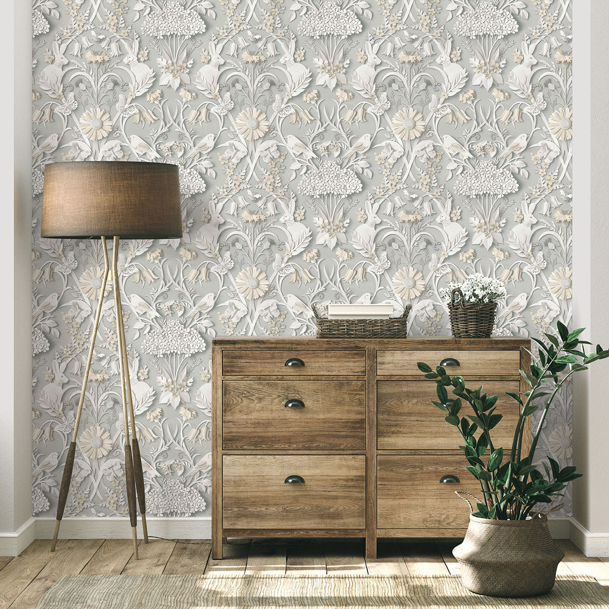 Purchase FD42952 Brewster Wallpaper, Fae Light Grey Woodland - Medley1