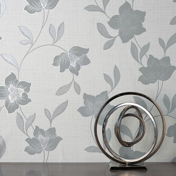 Purchase FD43068 Brewster Wallpaper, Larson Grey Floral - Medley1