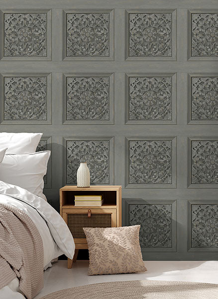 Purchase FD43274 Brewster Wallpaper, Albie Dark Grey Carved Panel - Medley12