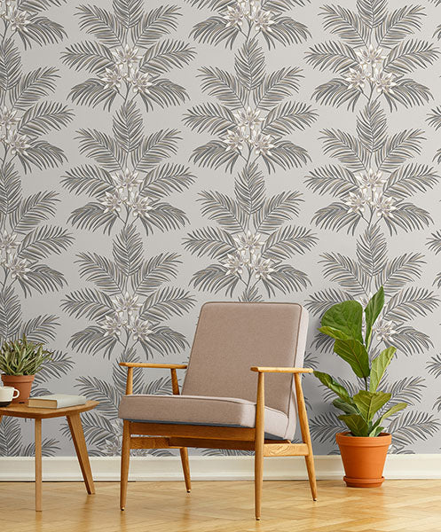 Purchase FD43277 Brewster Wallpaper, Bali Light Grey Palm - Medley12