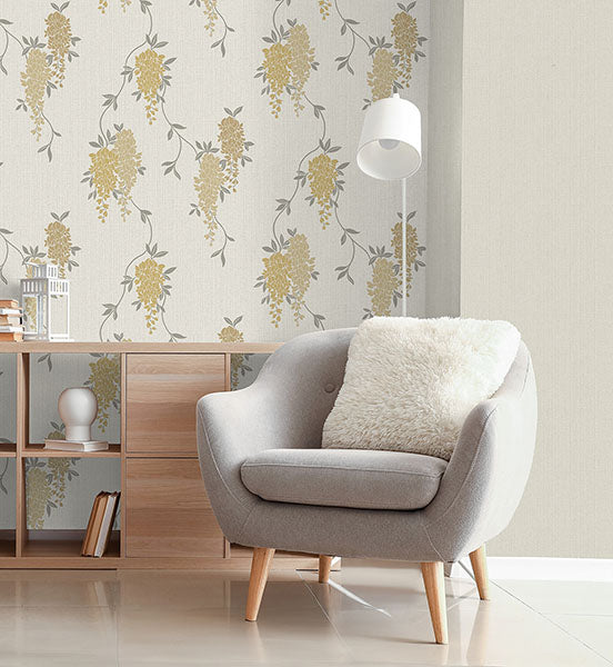 Purchase FD43672 Brewster Wallpaper, Aisla Yellow Wisteria - Medley12