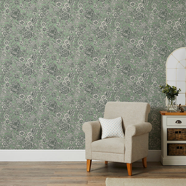 Purchase FD43777 Brewster Wallpaper, Hedgerow Green Floral Trails - Medley1