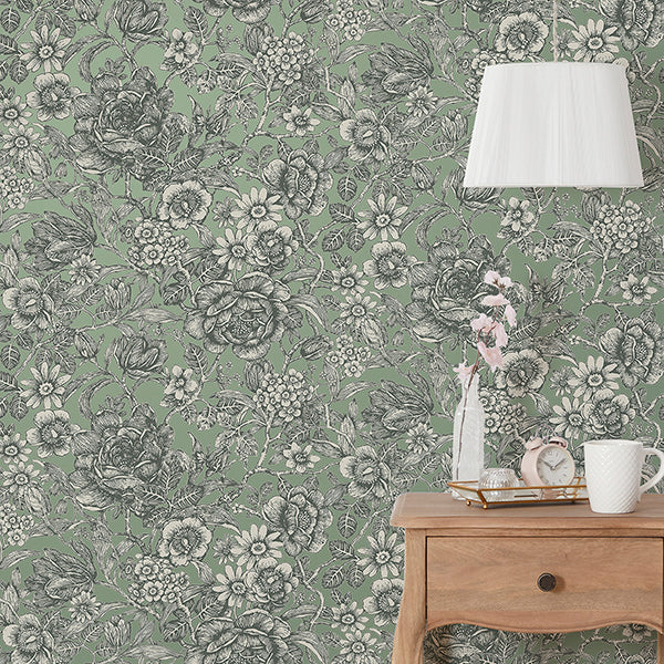 Purchase FD43777 Brewster Wallpaper, Hedgerow Green Floral Trails - Medley12