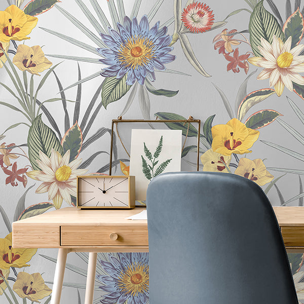 Purchase FD43785 Brewster Wallpaper, Calista Light Blue Tropical Floral - Medley1