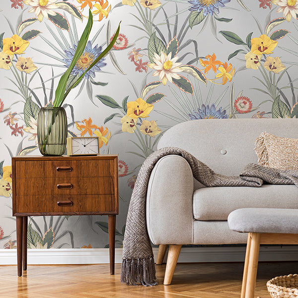 Purchase FD43785 Brewster Wallpaper, Calista Light Blue Tropical Floral - Medley12