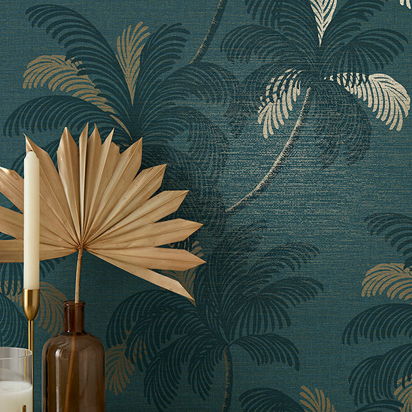 Purchase FD43789 Brewster Wallpaper, Jones Teal Palm Tree - Medley1