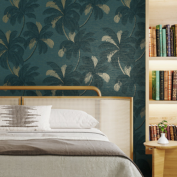 Purchase FD43789 Brewster Wallpaper, Jones Teal Palm Tree - Medley12