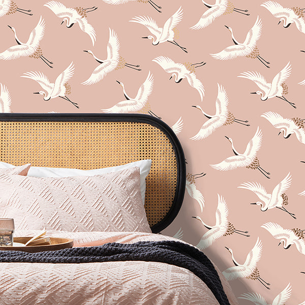Purchase FD43792 Brewster Wallpaper, Cosette Blush Cranes - Medley1