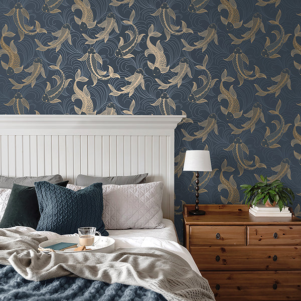 Purchase FD43797 Brewster Wallpaper, Dashiell Navy Decorative Fish - Medley1