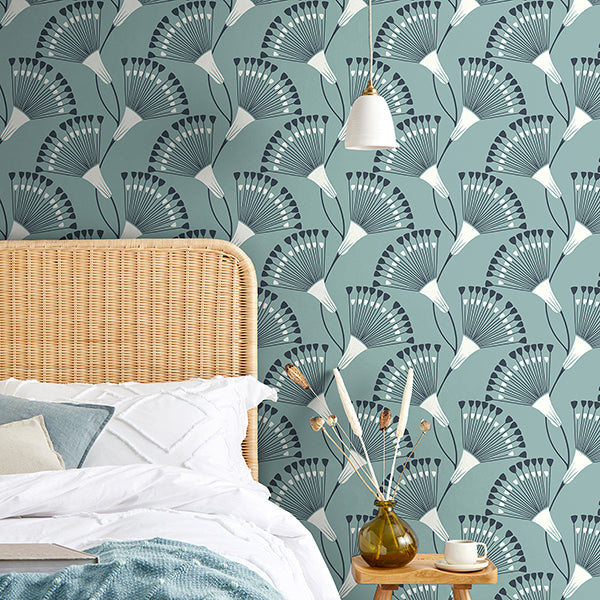 Purchase FD43805 Brewster Wallpaper, Wilder Light Blue Fanning Flower - Medley1