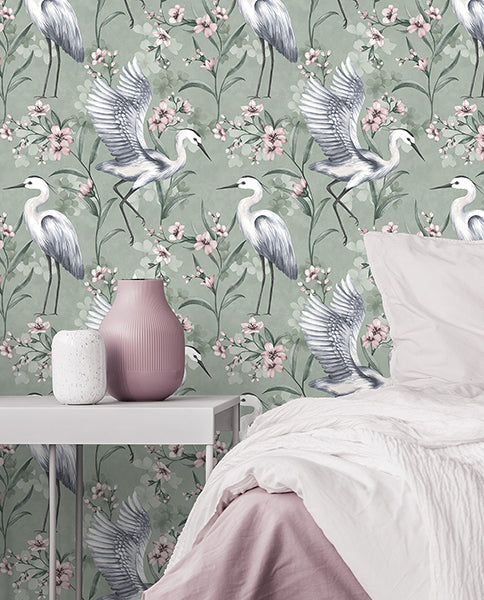 Purchase FD43826 Brewster Wallpaper, Simonetta Seafoam Heron - Medley1