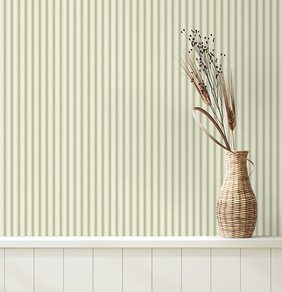 Purchase FD43828 Brewster Wallpaper, Chirico Green Ticking Stripe - Medley1
