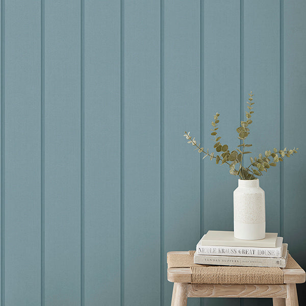 Purchase FD43833 Brewster Wallpaper, Killian Light Blue Wood Panel - Medley1