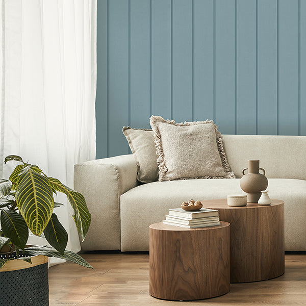 Purchase FD43833 Brewster Wallpaper, Killian Light Blue Wood Panel - Medley12