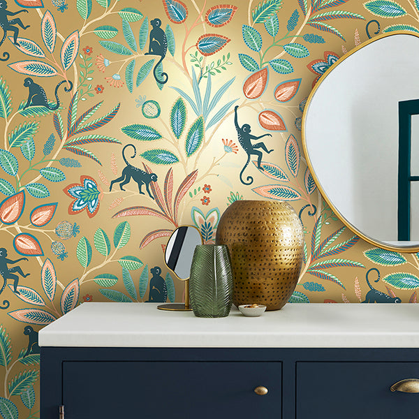 Purchase FD43841 Brewster Wallpaper, Kenzo Gold Monkey Walk - Medley1