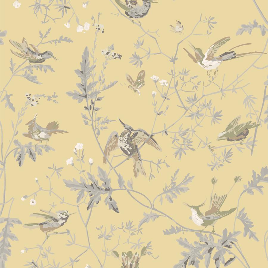 Sample F111-1001 Hummingbirds Gld-Sft Grey by Cole and Son Fabric