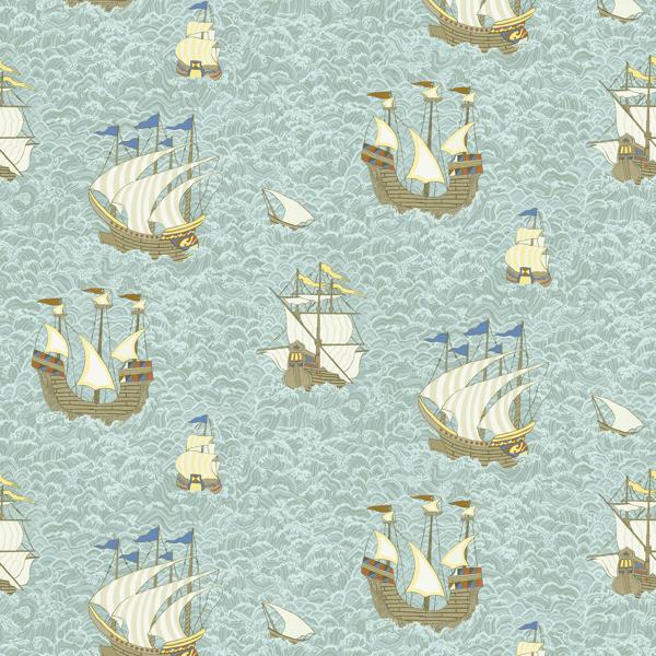Sample - Jmw1033-01 | Ships, Blue Novelty - Kravet Couture Wallpaper - Jmw1033.01.0