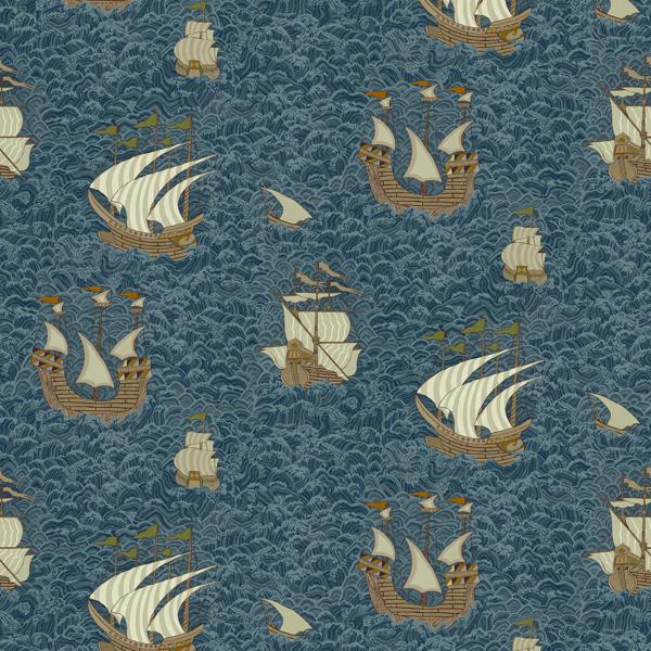 Sample - Jmw1033-21 | Ships, Blue Novelty - Kravet Couture Wallpaper - Jmw1033.21.0