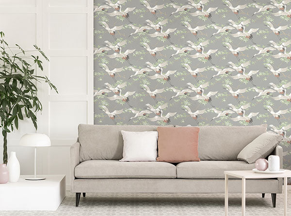 Purchase M1657 Brewster Wallpaper, Saura Light Grey Cranes - Medley1