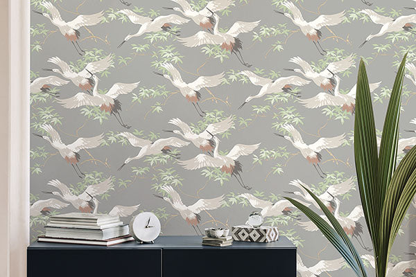 Purchase M1657 Brewster Wallpaper, Saura Light Grey Cranes - Medley12
