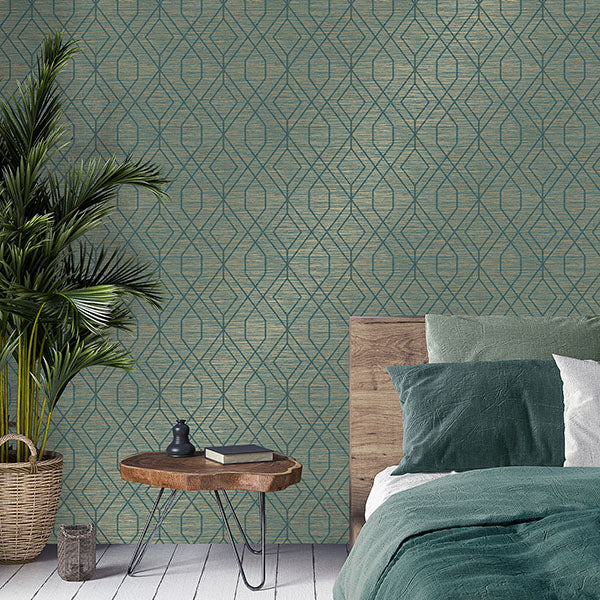 Purchase M1773 Brewster Wallpaper, Fusion Teal Trellis Wallpaper - Medley1