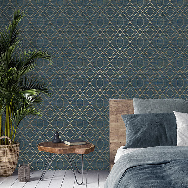 Purchase M1774 Brewster Wallpaper, Fusion Navy Trellis Wallpaper - Medley1