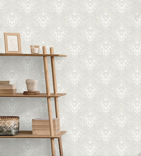 Purchase M95657 Brewster Wallpaper, Florentine White Damask - Medley1